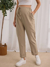 Calça Gestante Cropped de Algodão com Cordão e Bolsos - Caqui