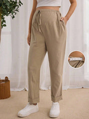 Calça Gestante Cropped de Algodão com Cordão e Bolsos - Caqui