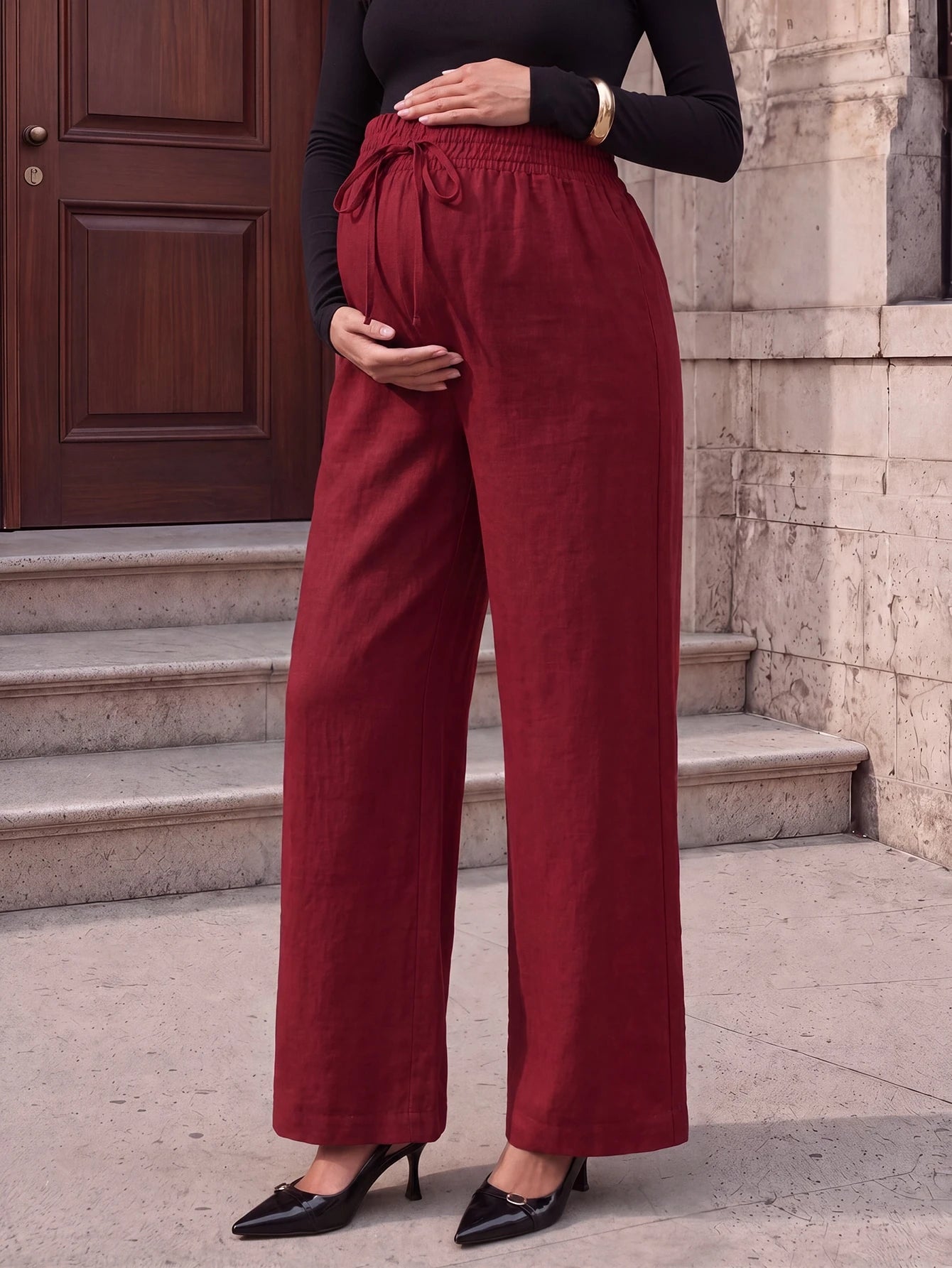 Calça Gestante Pantalona com Cós Franzido, Amarração e Bolsos - Vinho