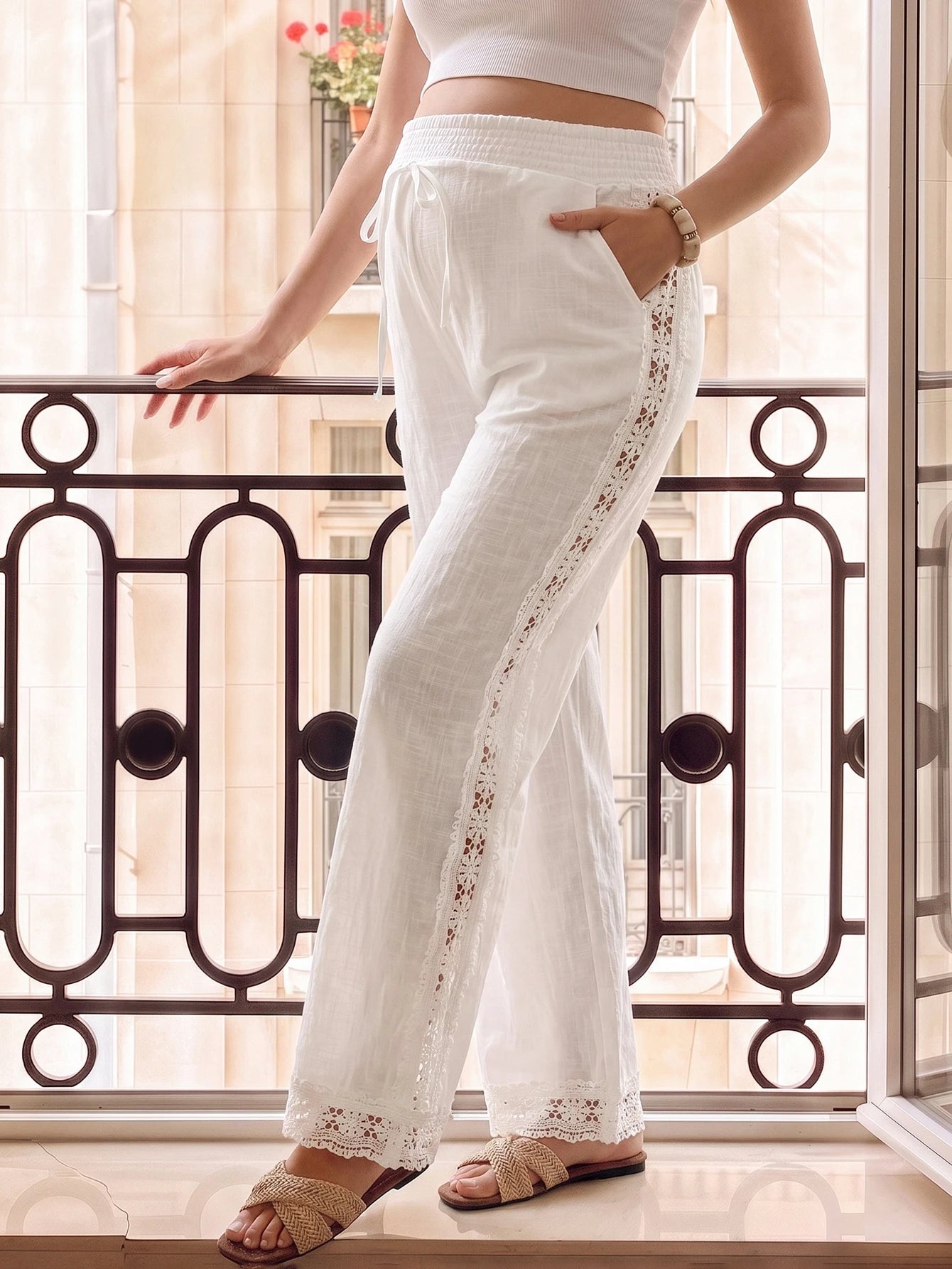 Calça Gestante Pantalona de Algodão com Renda Lateral e Bolsos - Branco