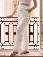 Calça Gestante Pantalona de Algodão com Renda Lateral e Bolsos - Branco