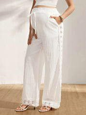 Calça Gestante Pantalona de Algodão com Renda Lateral e Bolsos - Branco