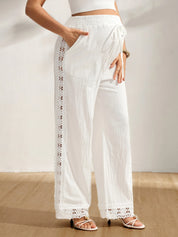 Calça Gestante Pantalona de Algodão com Renda Lateral e Bolsos - Branco