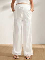 Calça Gestante Pantalona de Algodão com Renda Lateral e Bolsos - Branco