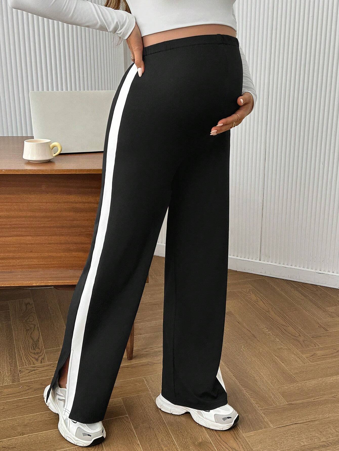 Calça Gestante Perna Reta com Faixa Lateral Contrastante e Cós Alto - Preto