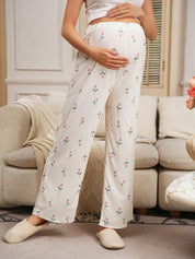 Calça Gestante Reta Floral em Malha Jacquard com Cós Ajustável - Bege