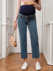 Calça Jeans Gestante Reta Cropped com Barra Desfiada e Faixa Alta - Azul médio