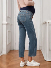 Calça Jeans Gestante Reta Cropped com Barra Desfiada e Faixa Alta - Azul médio