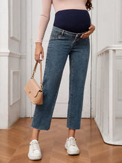 Calça Jeans Gestante Reta Cropped com Barra Desfiada e Faixa Alta - Azul médio