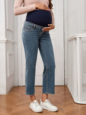 Calça Jeans Gestante Reta Cropped com Barra Desfiada e Faixa Alta - Azul médio