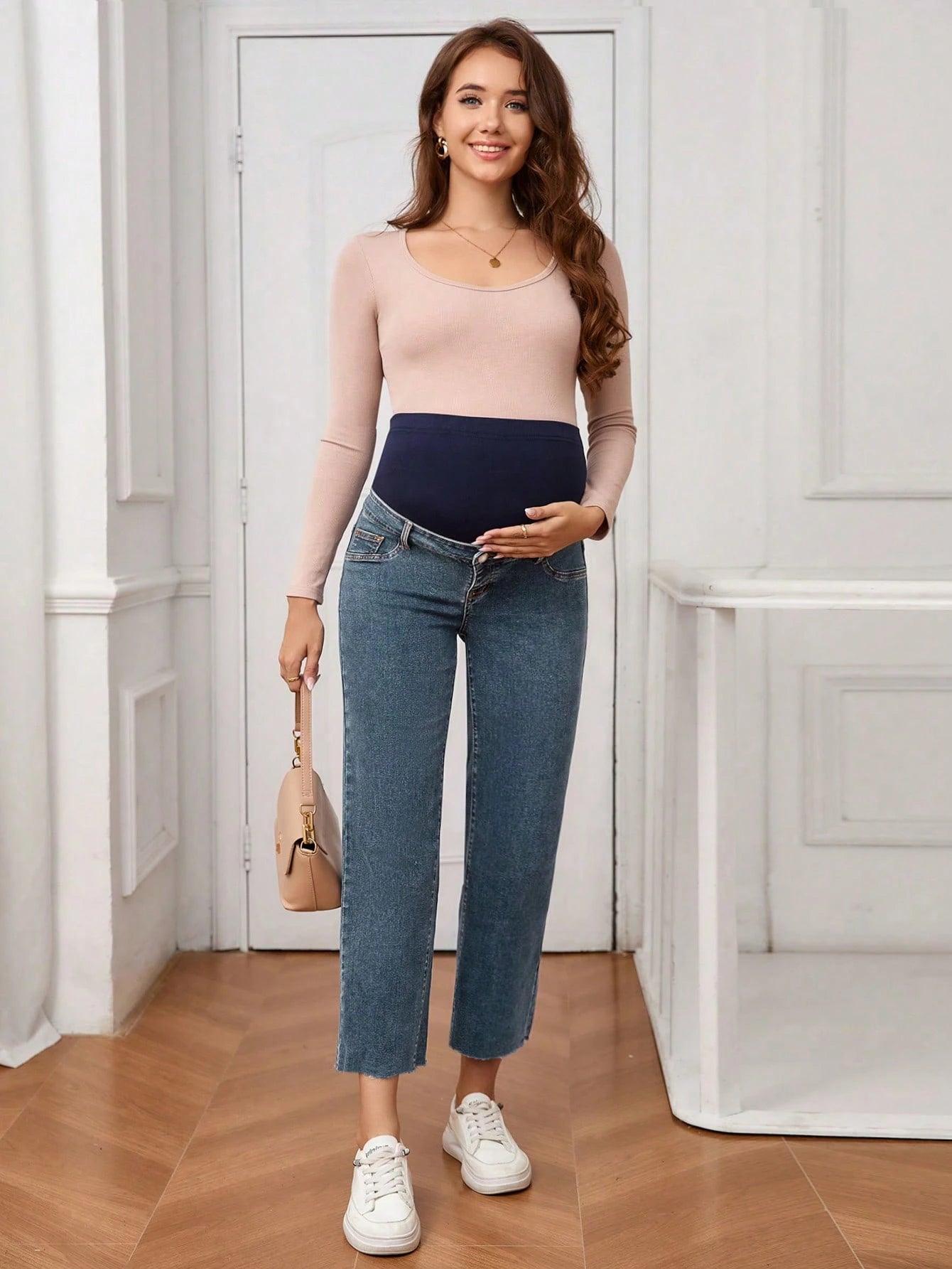 Calça Jeans Gestante Reta Cropped com Barra Desfiada e Faixa Alta - Azul médio