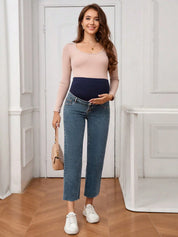 Calça Jeans Gestante Reta Cropped com Barra Desfiada e Faixa Alta - Azul médio