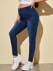 Calça Jeans Gestante Skinny com Cós Alto - Azul escuro