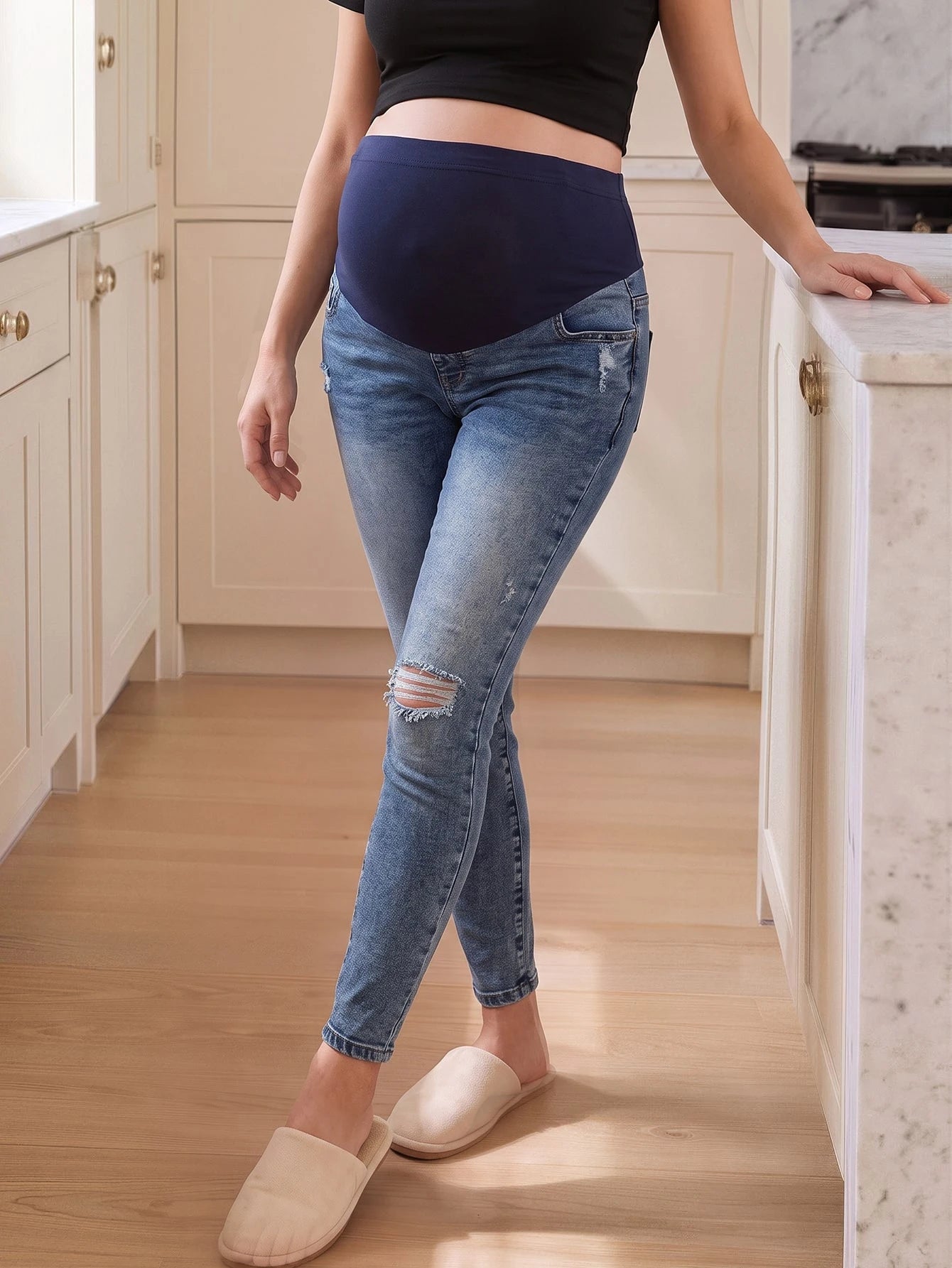 Calça Jeans Gestante Skinny Destroyed com Faixa Alta - Azul médio
