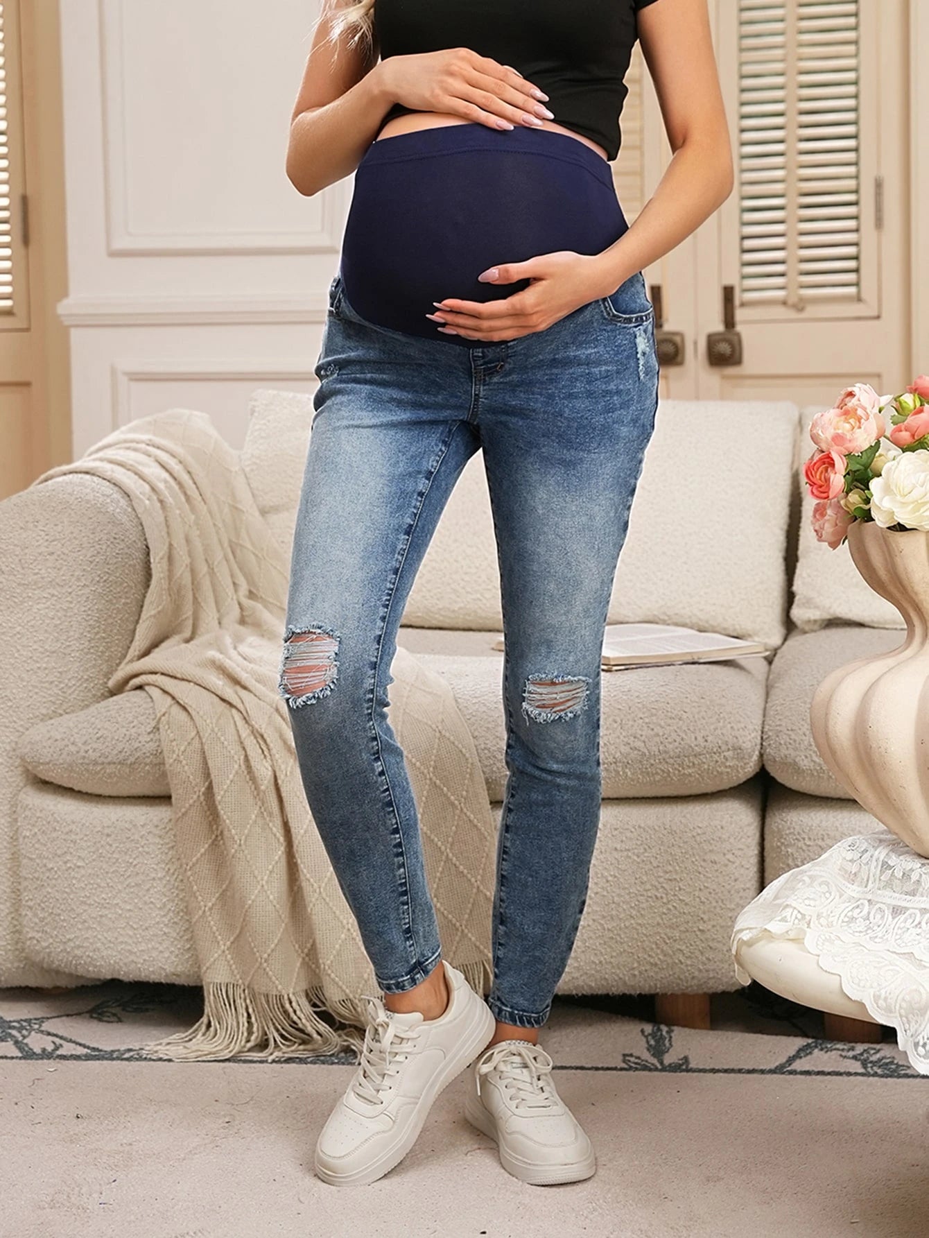 Calça Jeans Gestante Skinny Destroyed com Faixa Alta - Azul médio