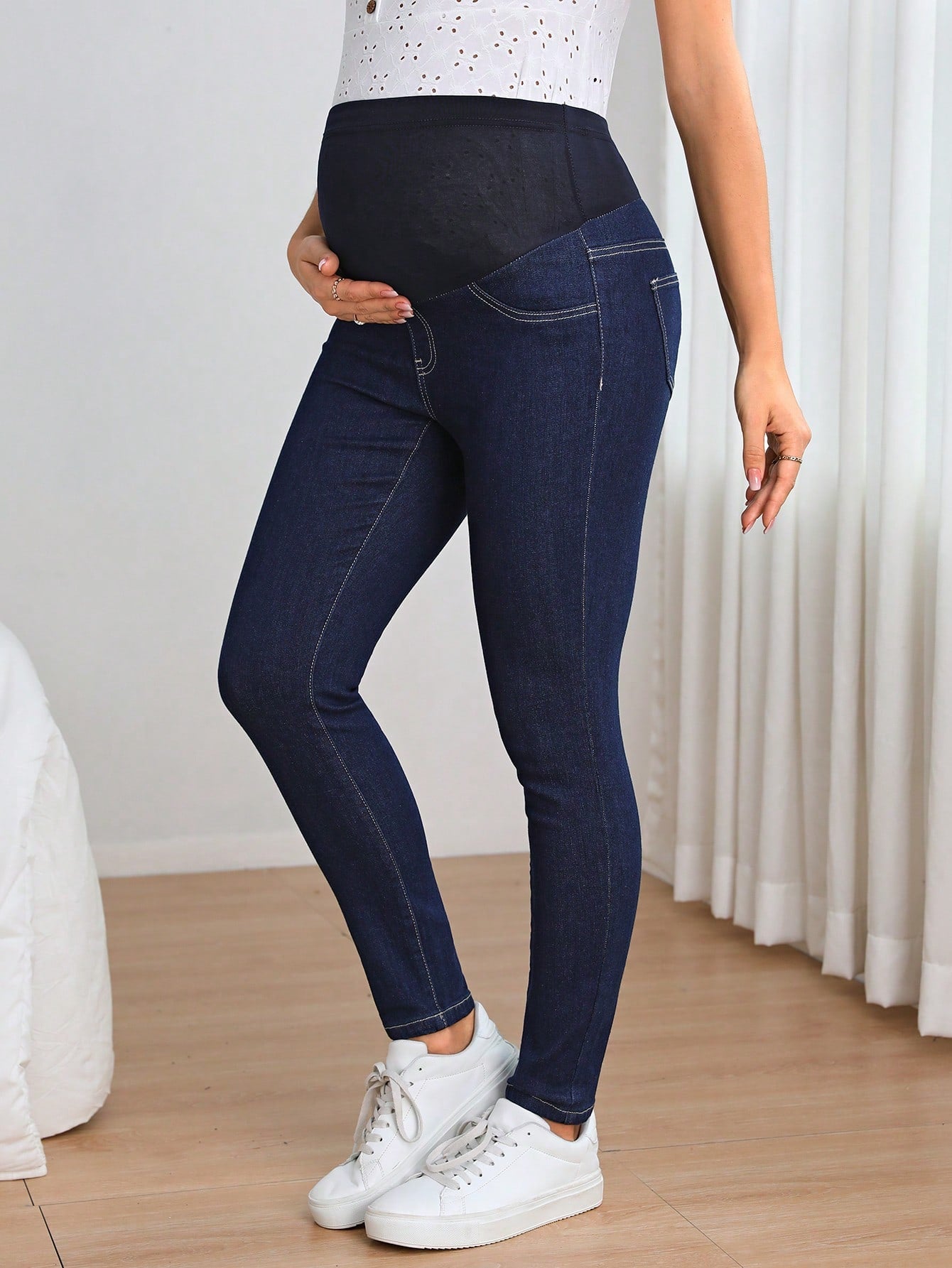 Calça Jeans Gestante Skinny Lavagem Escura com Faixa Alta Elástica - Azul escuro