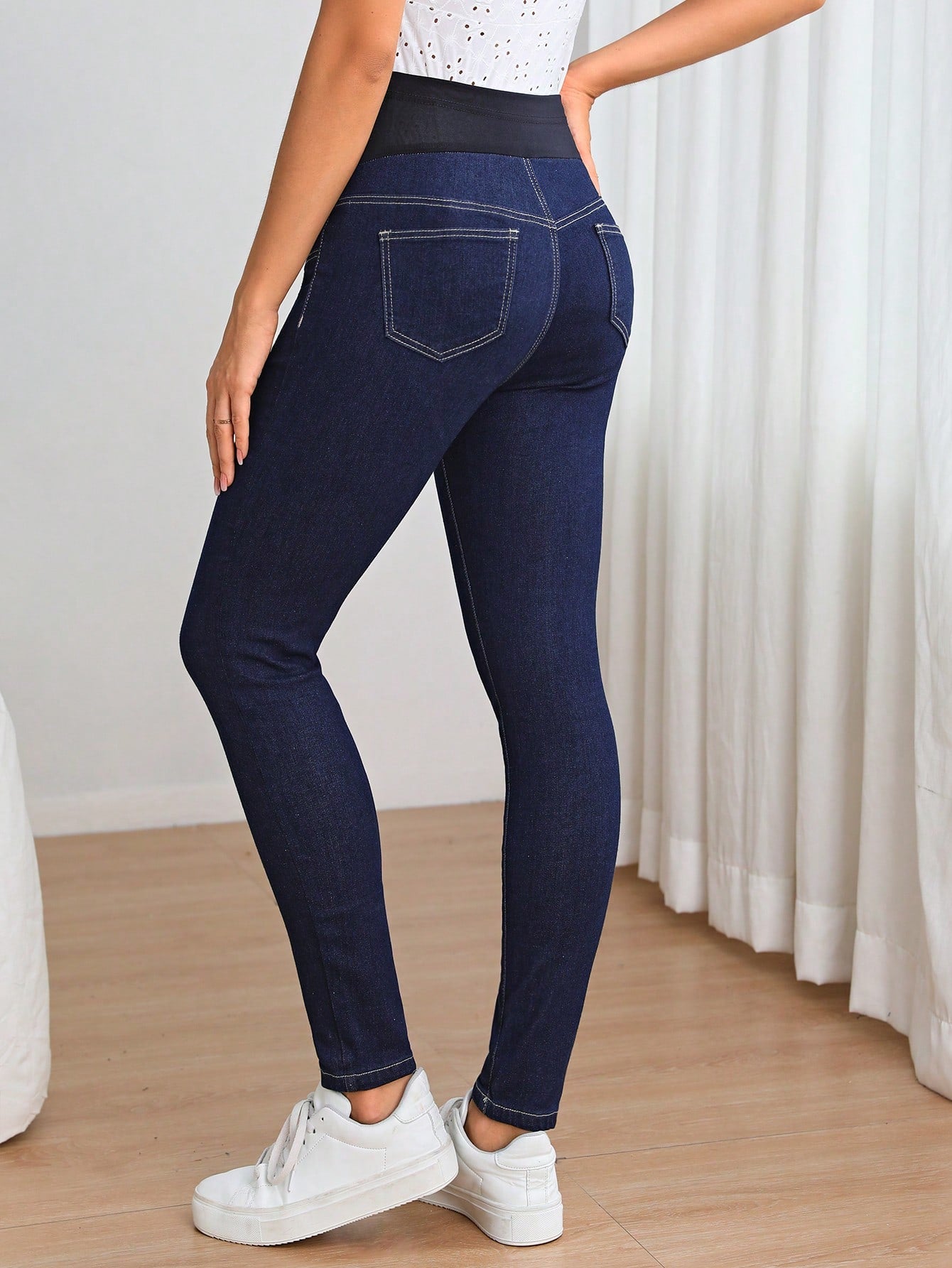 Calça Jeans Gestante Skinny Lavagem Escura com Faixa Alta Elástica - Azul escuro