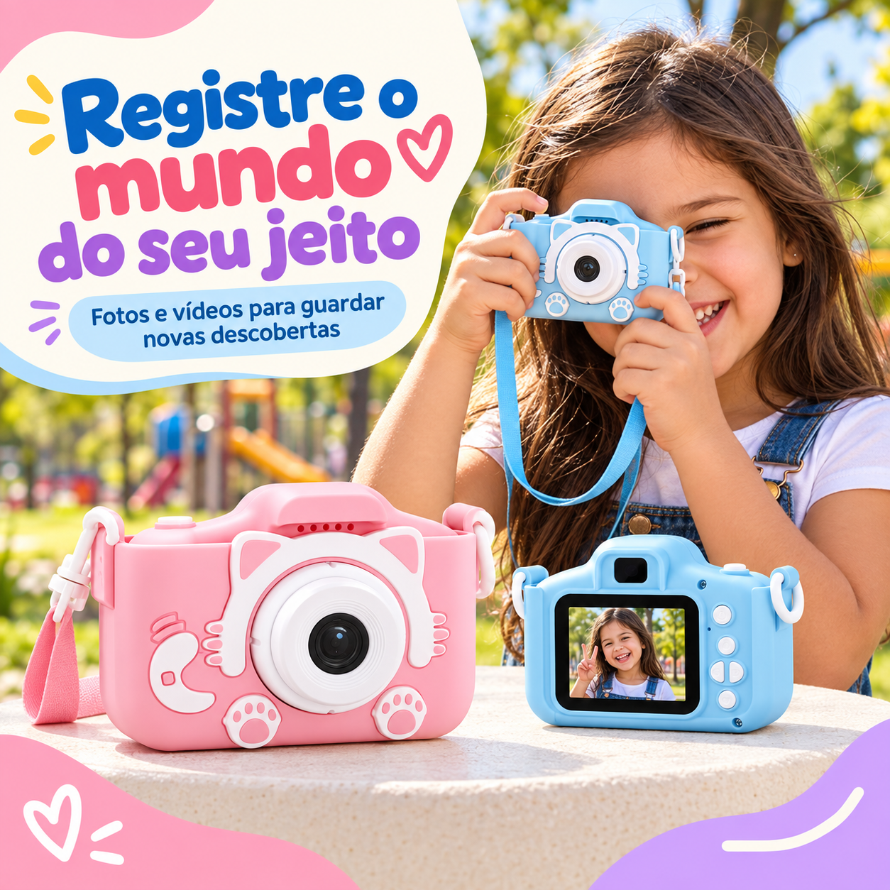 Câmera digital infantil Gatinho rosa e azul em uso