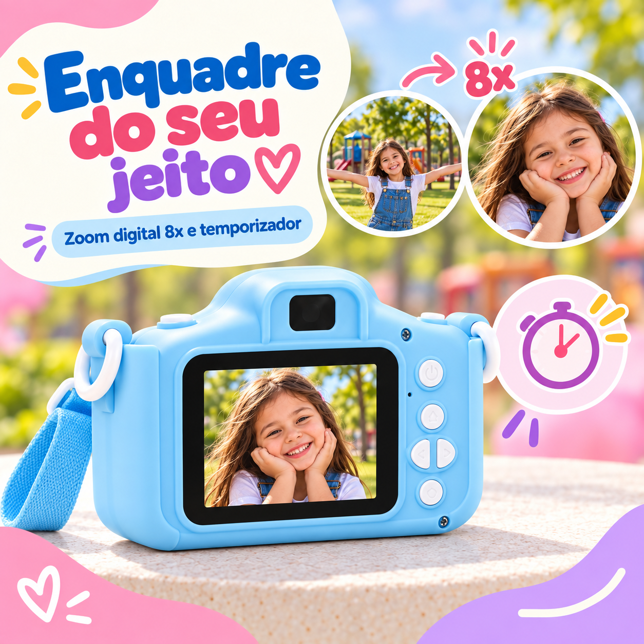 Câmera infantil com zoom digital 8x e temporizador