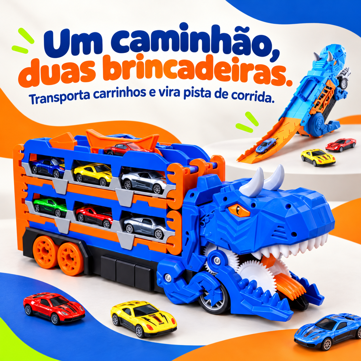 Caminhão dinossauro azul 2 em 1 com pista