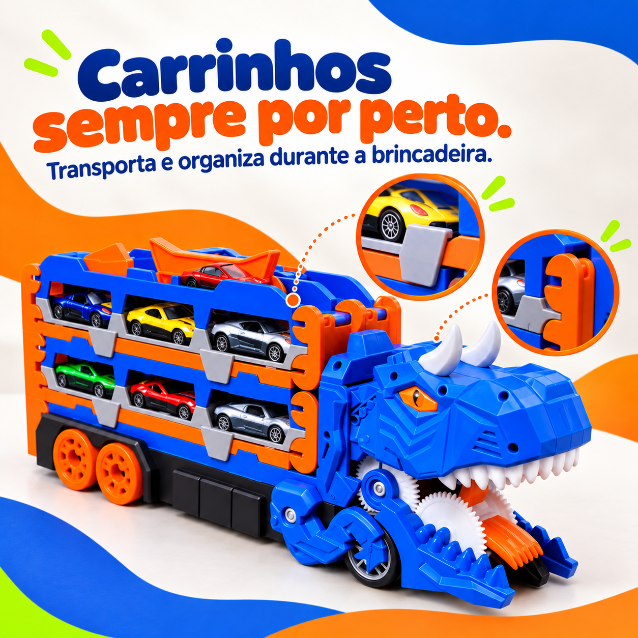 Caminhão dinossauro transportando carrinhos