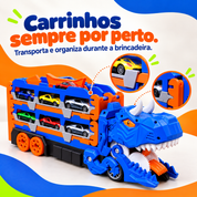 Caminhão dinossauro transportando carrinhos