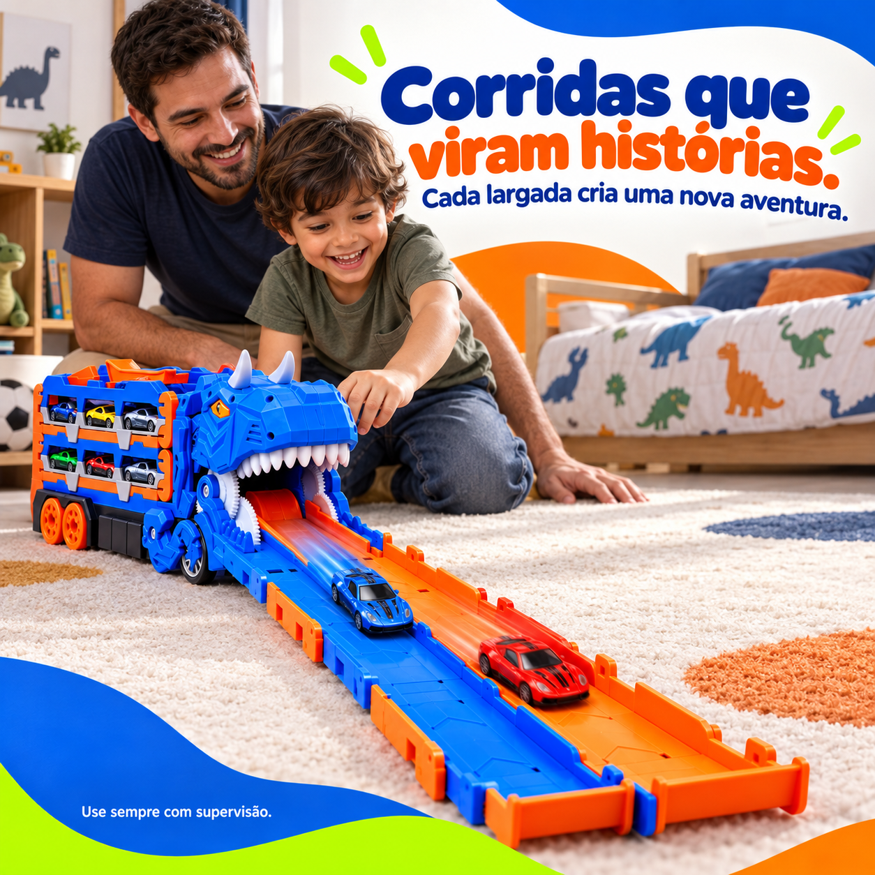 Criança brincando com caminhão dinossauro e pista