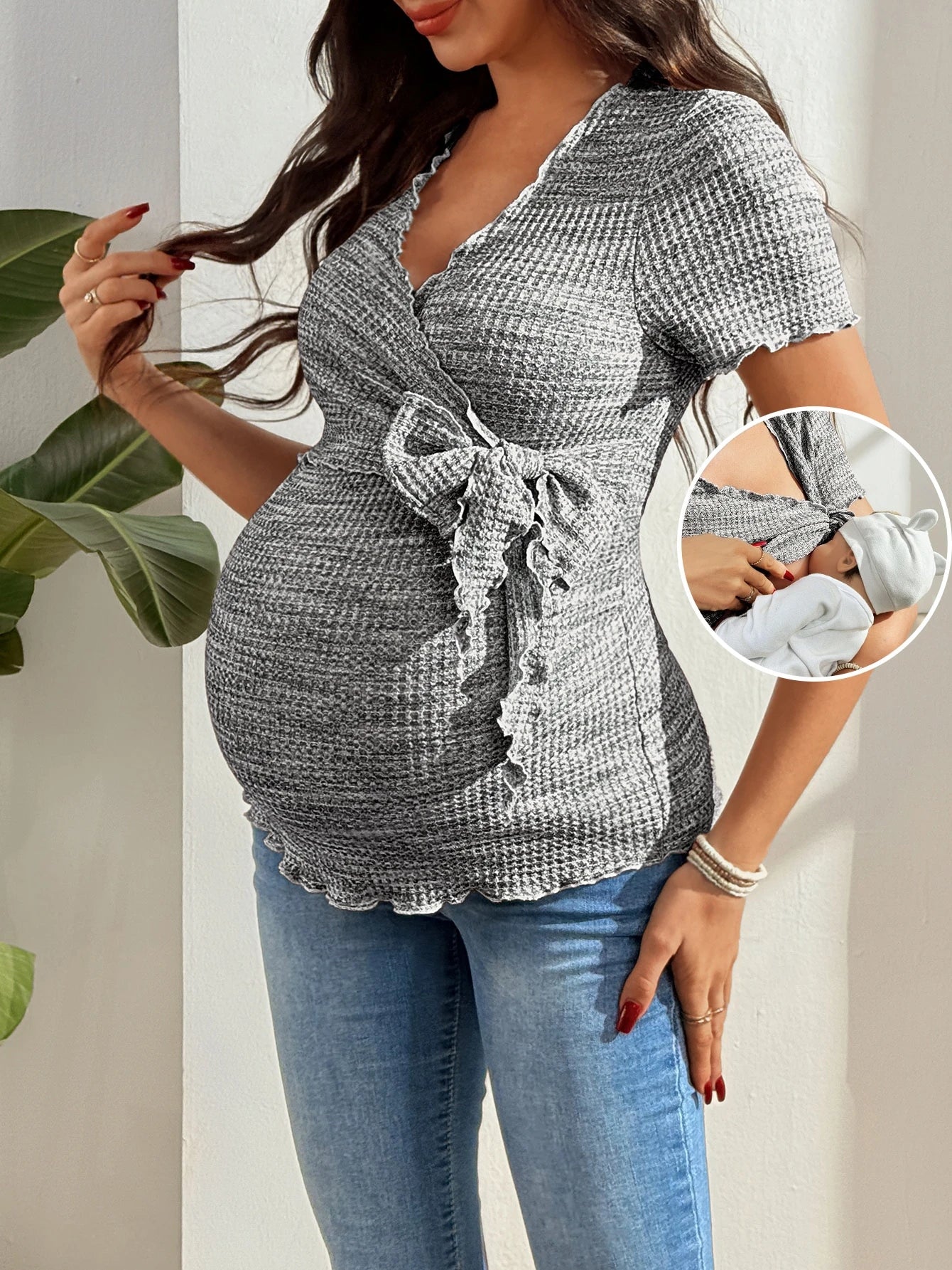 Camiseta Gestante e Amamentação Waffle Transpassada com Nó e Decote V - Azul acinzentado