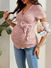 Camiseta Gestante e Amamentação Waffle Transpassada com Nó e Decote V - Rosa mesclado