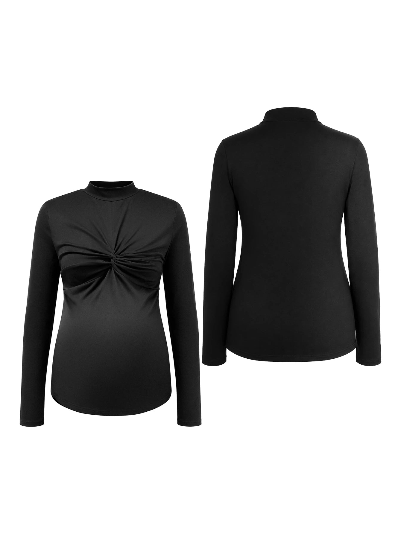 Camiseta Gestante Manga Longa Gola Alta com Torção Frontal - Preto