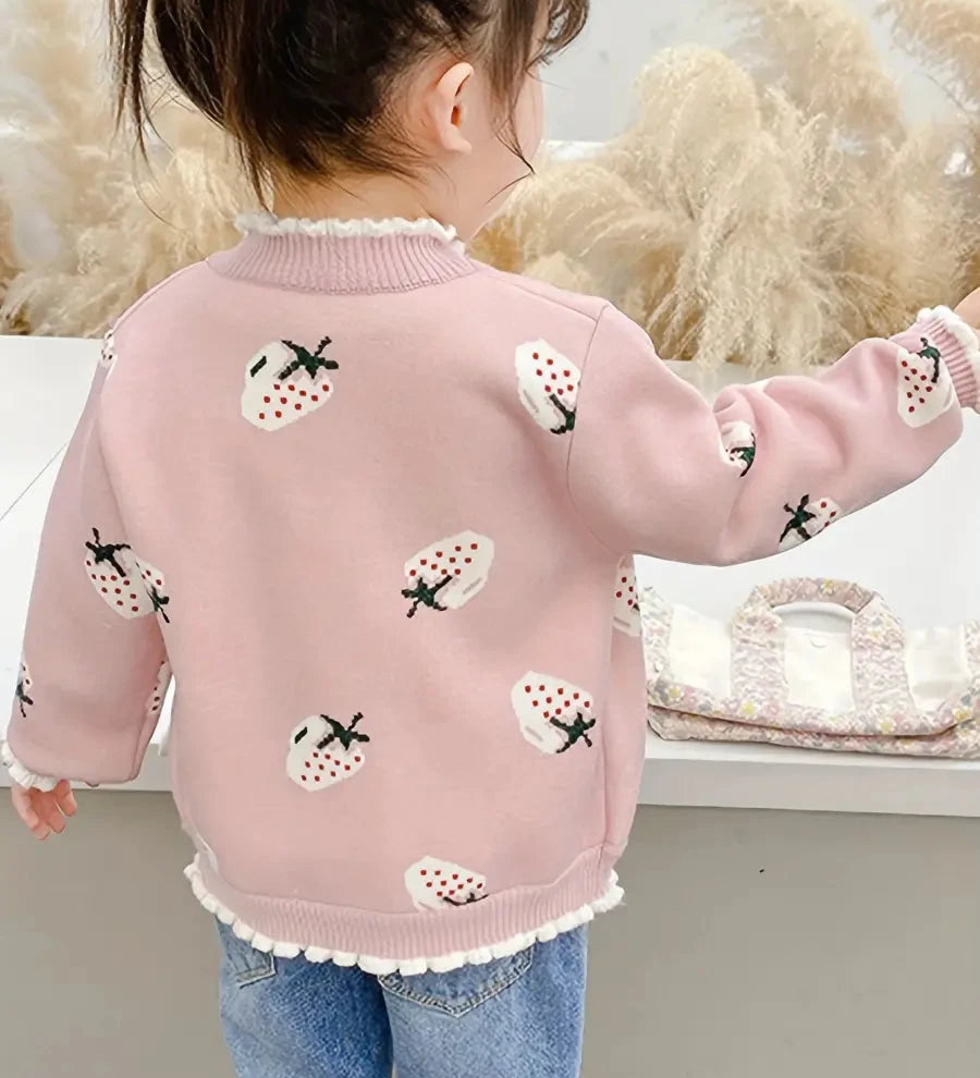 Cardigan Infantil Feminino Tricô Estampa Morango Babado Cardigan Infantil 01 Kabannas 