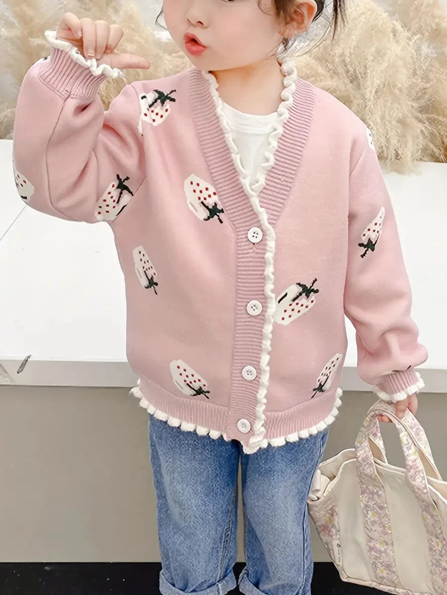 Cardigan Infantil Feminino Tricô Estampa Morango Babado Cardigan Infantil 01 Kabannas 