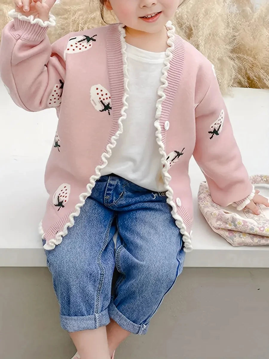 Cardigan Infantil Feminino Tricô Estampa Morango Babado Cardigan Infantil 01 Kabannas 