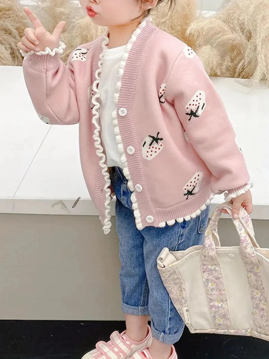 Cardigan Infantil Feminino Tricô Estampa Morango Babado Cardigan Infantil 01 Kabannas 