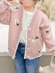 Cardigan Infantil Feminino Tricô Estampa Morango Babado Cardigan Infantil 01 Kabannas Rosa e branco 9-12 Meses 