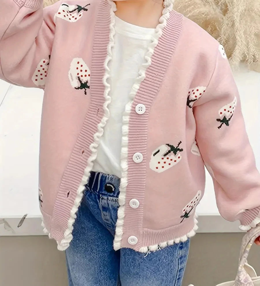 Cardigan Infantil Feminino Tricô Estampa Morango Babado Cardigan Infantil 01 Kabannas Rosa e branco 9-12 Meses 