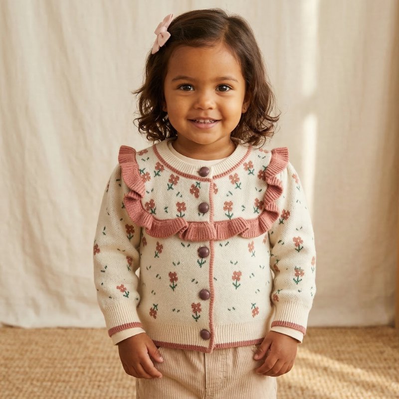Cardigan Infantil Vintage Floral com Babados em Tricô Moda Vintage Infantil 70 Kabannas 1-2 Anos 