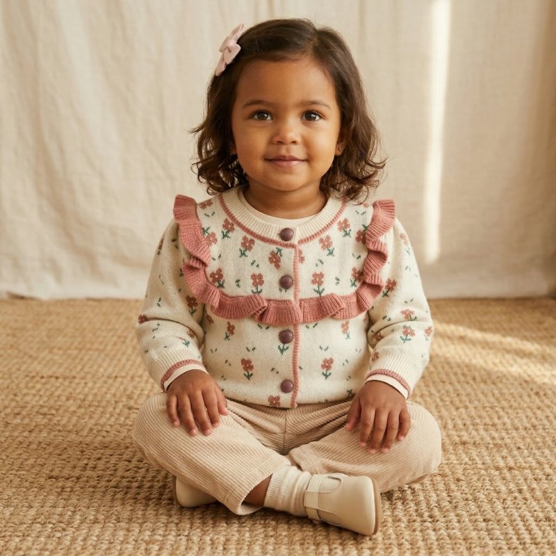 Cardigan Infantil Vintage Floral com Babados em Tricô Moda Vintage Infantil 70 Kabannas 