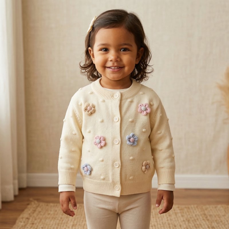 Cardigan Vintage Infantil com Flores Aplicadas 3D Moda Vintage Infantil 68 Kabannas Bege 2-3 Anos 