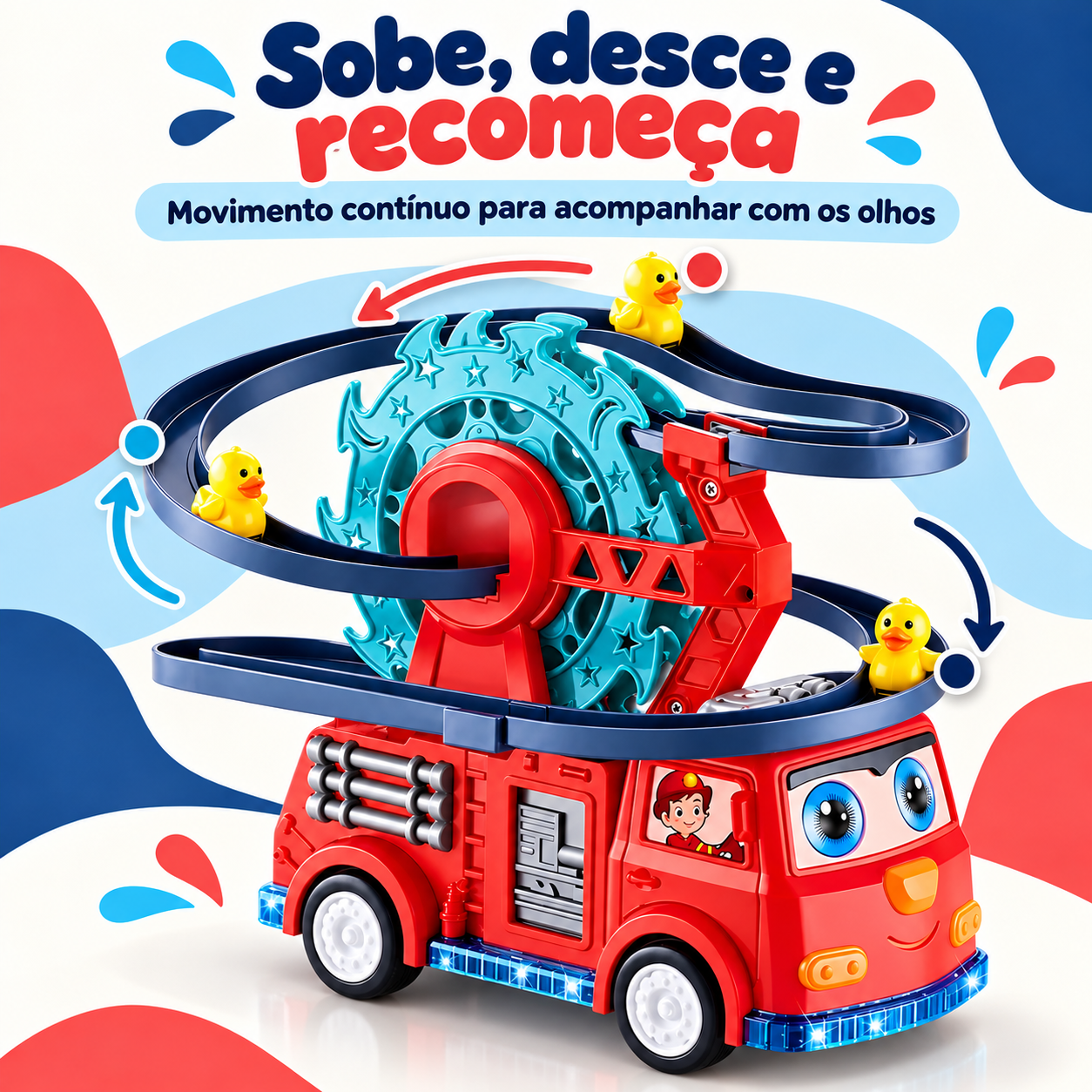 Pista automática do carrinho bombeiro com três patinhos