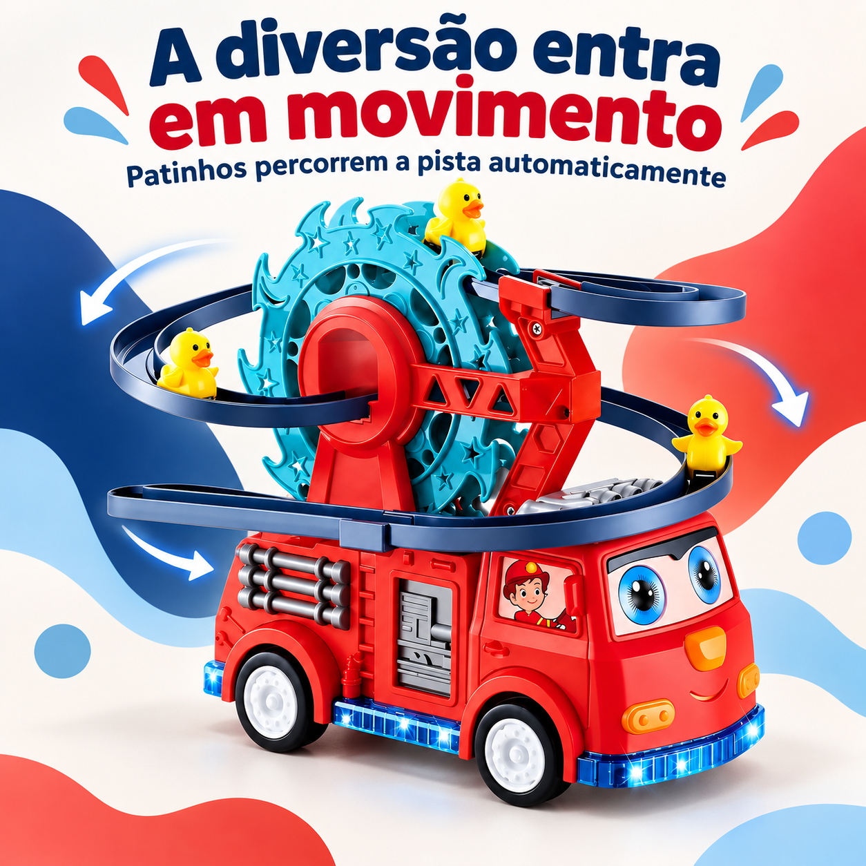 Carrinho bombeiro infantil com pista automática e três patinhos