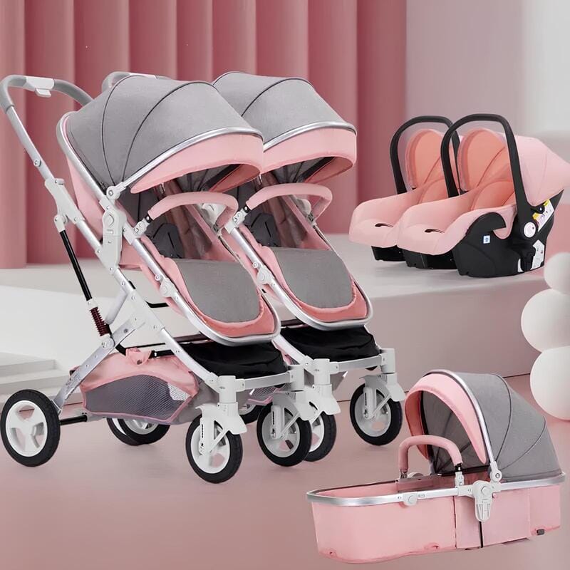 Carrinho de Bebê para Gêmeos com Bebê Conforto - Belecoo Twins Carrinho de Bebê 18 Kabannas Rosa 