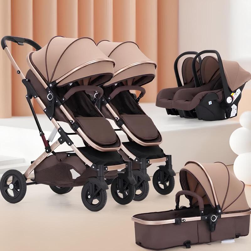 Carrinho de Bebê para Gêmeos com Bebê Conforto - Belecoo Twins Kabannas Carrinho de Bebê - Cáqui 