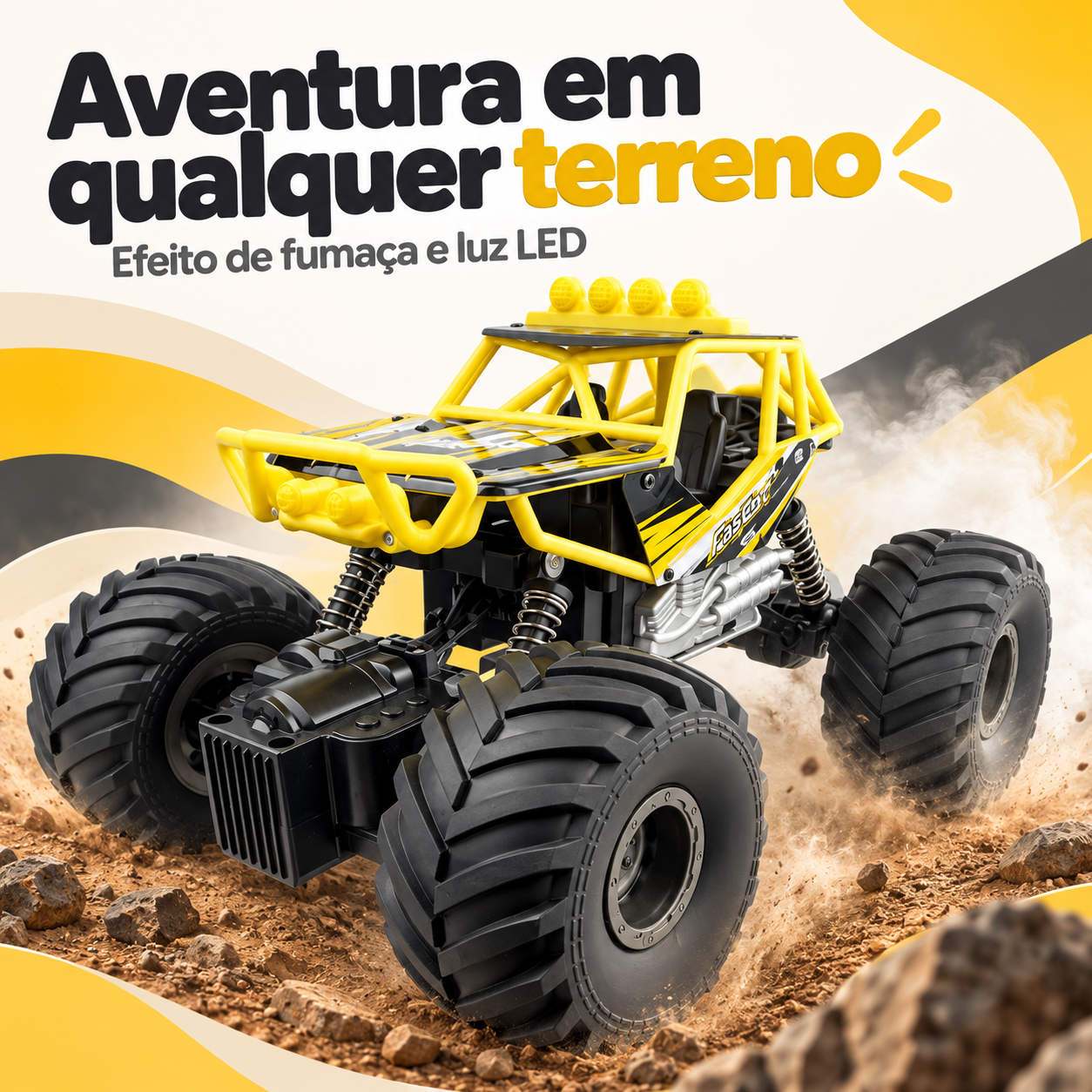Carrinho off-road amarelo em aventura com efeito de fumaça e LED