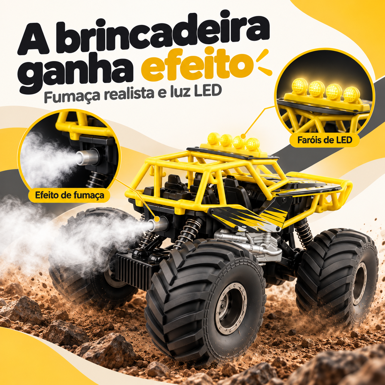 Carrinho off-road demonstrando efeito de fumaça e luz LED