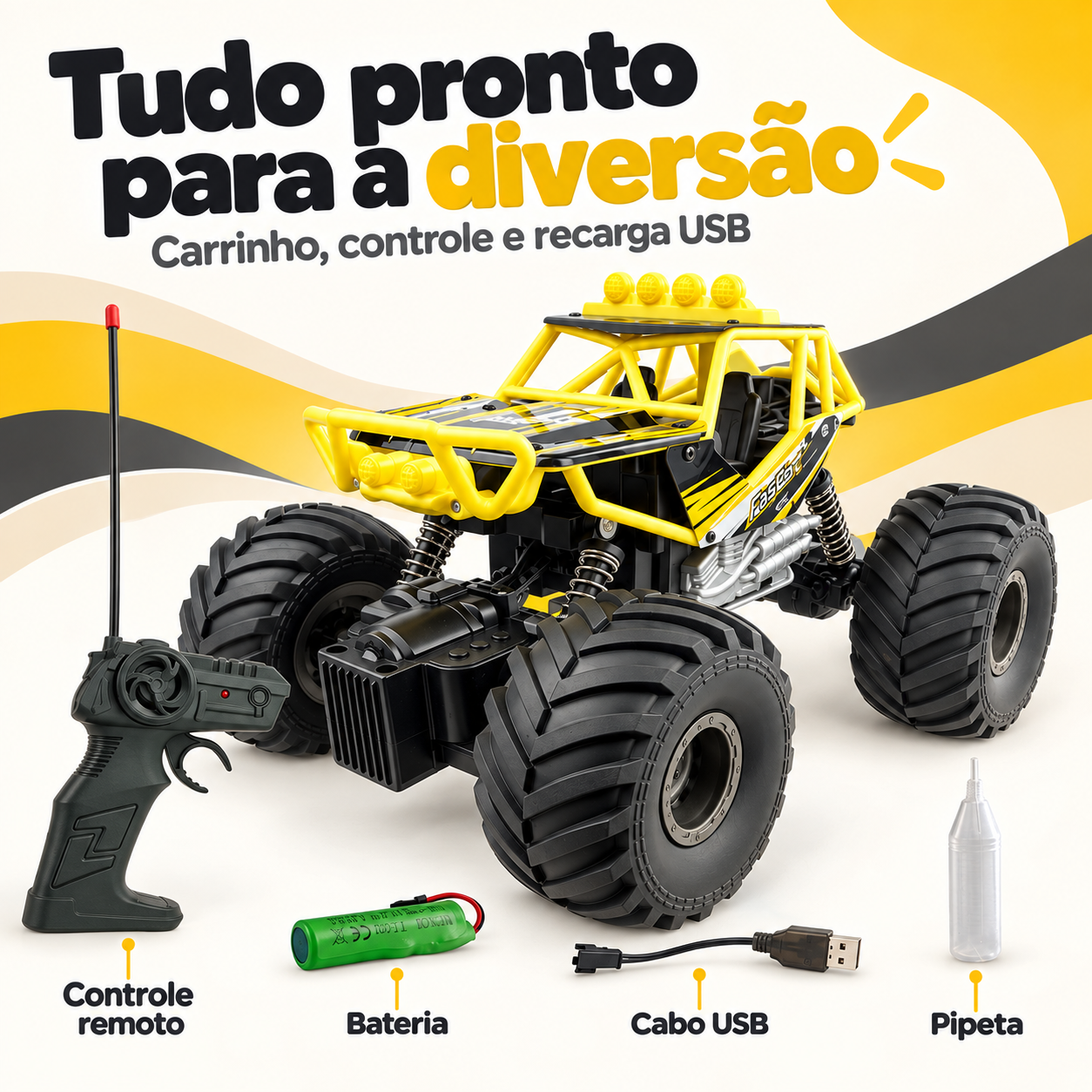 Carrinho off-road com controle bateria cabo USB e pipeta