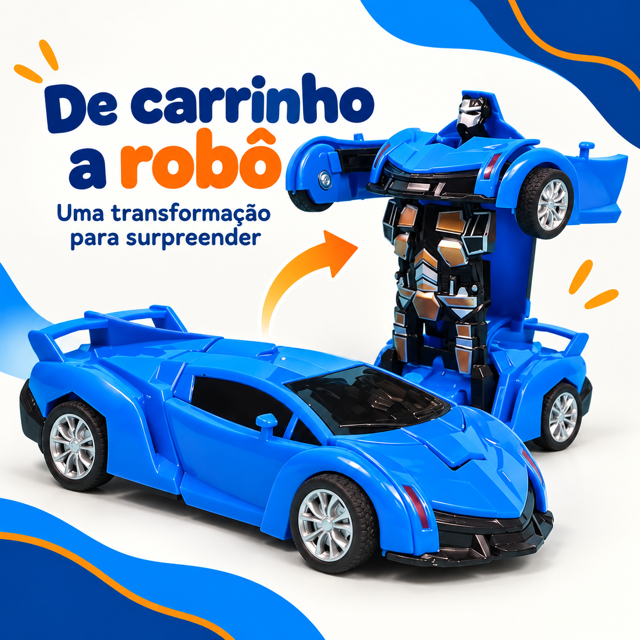 Carrinho infantil azul que se transforma em robô