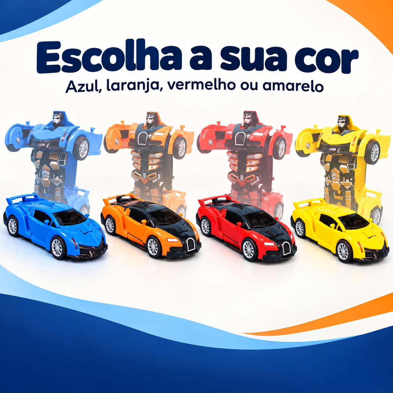 Carrinho robô nas cores azul laranja vermelho e amarelo