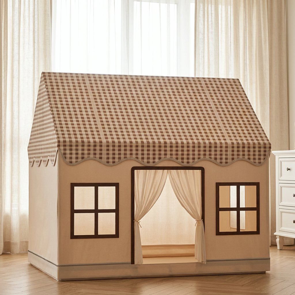 Casinha Barraca Infantil Tenda de Brincar Xadrez com Cortina Cabana Infantil 06 Kabannas Cáqui 