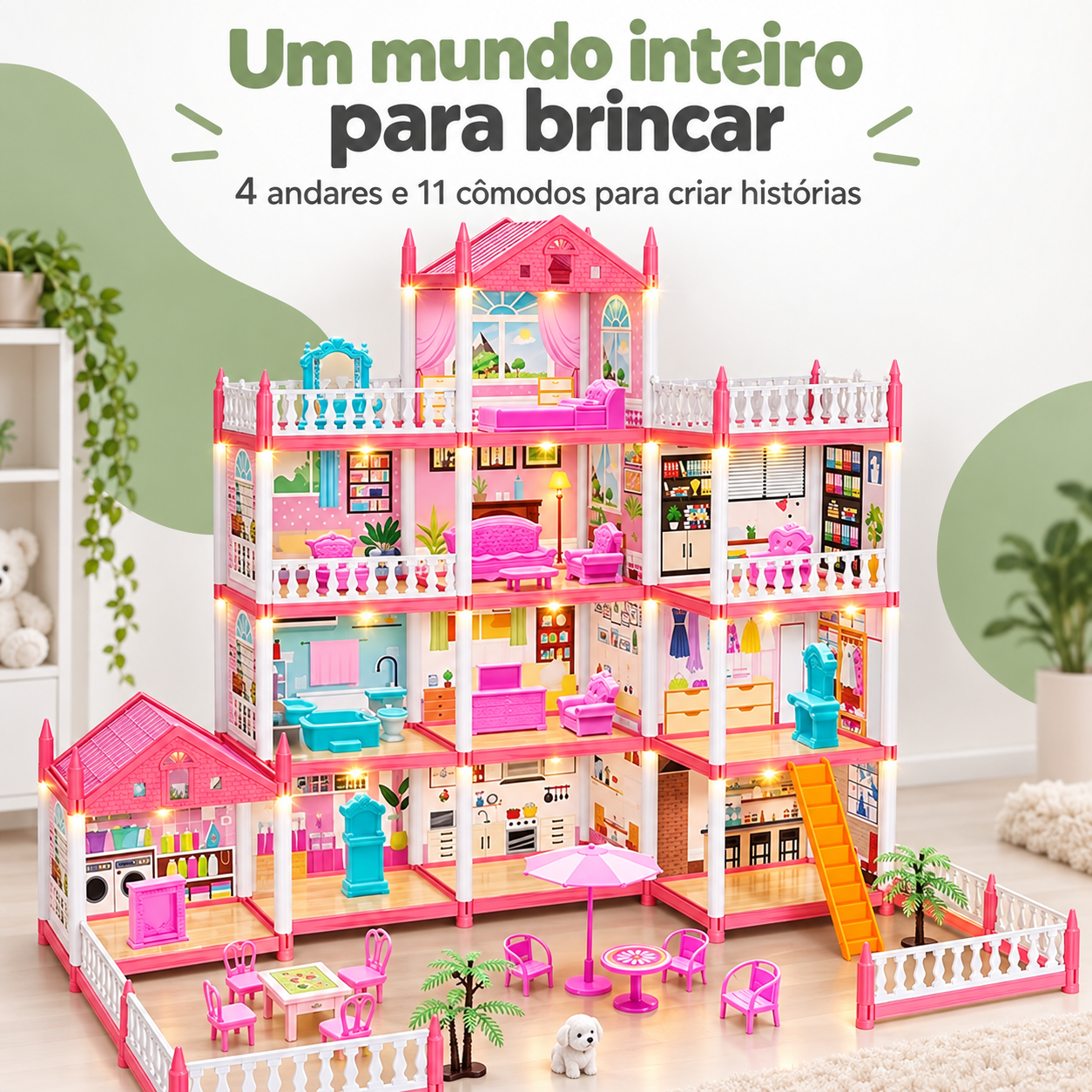 Casinha de boneca rosa com 4 andares e 11 cômodos
